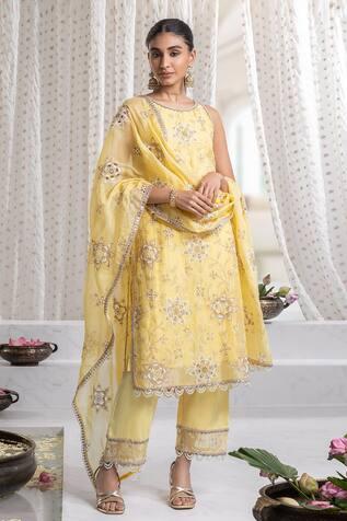 Yellow Pure Mulmul Jugni Thread Embroidered Kurta Set