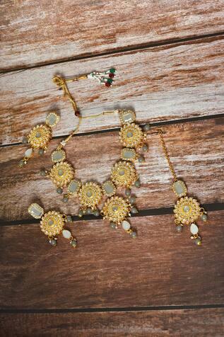 Floral And Geometric Stone Studded Choker Jewellery Set