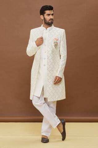 Off White Sequin Work Jacket And Sleeveless Sherwani Set