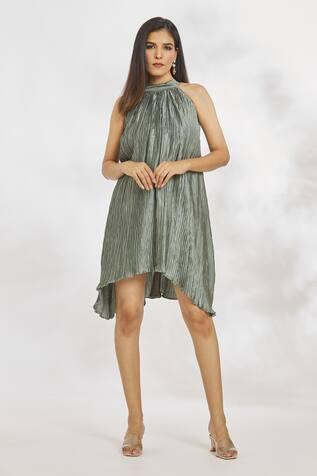 Grey Satin Crinkle Textured Short Dress