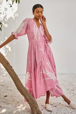 Pink Mulmul Cotton Tale Untold Lino Print Wrap Dress