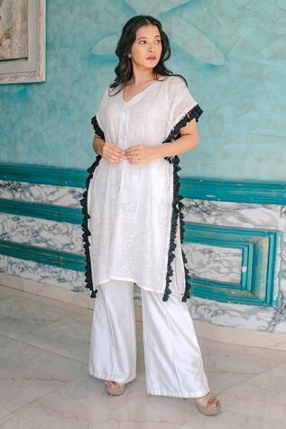 White Georgette Begum Button-up Long Kaftan And Pant Set