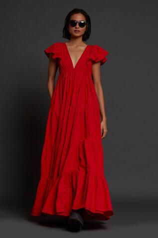 Red Cotton Solid V Neck Gown