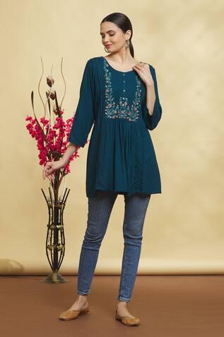 Blue Rayon Flower Motif Embroidered Short Tunic