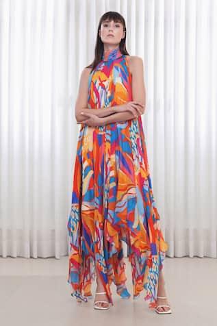 Multi Color Chiffon Pop Abstract Print High Low Dress