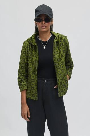 Green Organic Handloom Oxford Cotton Mega Moon Bloom Print Hoodie Jacket
