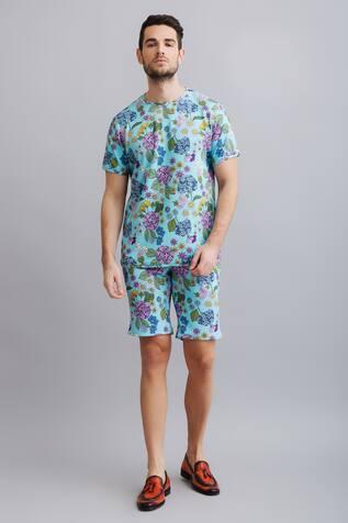 Blue Neoprene Floral Print T-shirt And Shorts Set