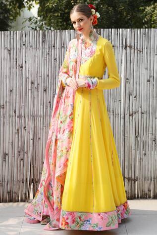 Yellow Sequin Embroidered Anarkali With Rose Print Dupatta