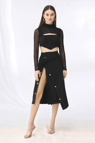 Black Net Slit Skirt Set