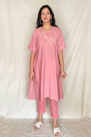 Pink Vegan Silk Embroidered Tunic With Pants