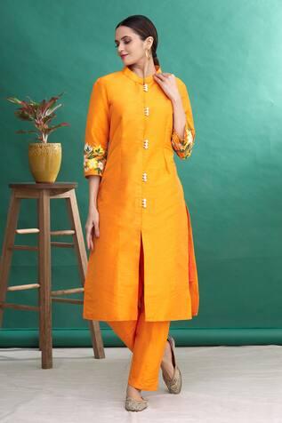 Orange Dupion Silk Placement Embroidered Kurta And Pant Set
