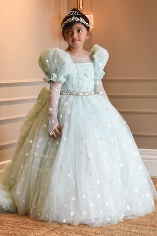 Blue Star Embellished Ball Gown For Girls
