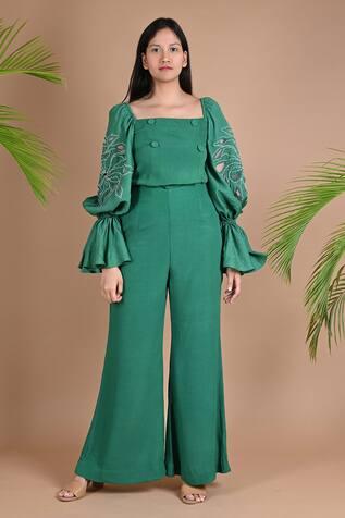 Green Chanderi Londyn Embroidered Top And Pant Set