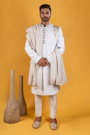White Crepe Sherwani Set With Embroidered Stole