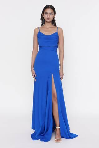 Blue Banana Crepe Strappy Cowl Neck Gown