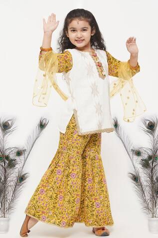 Yellow Cotton Embroidered Kurta Sharara Set For Girls
