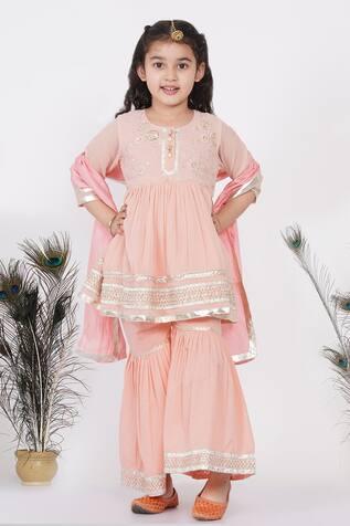 Peach Floral Embroidered Kurta Set For Girls