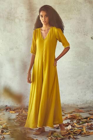 Yellow Cotton Silk Jumpsuit