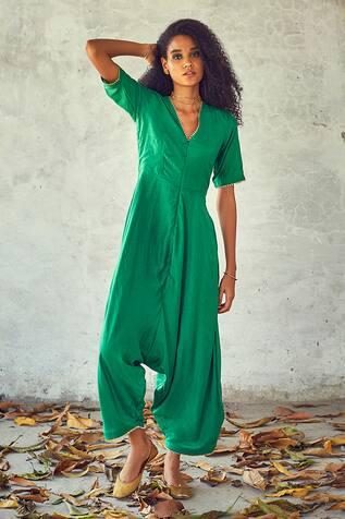 Green Cotton Silk Jumpsuit