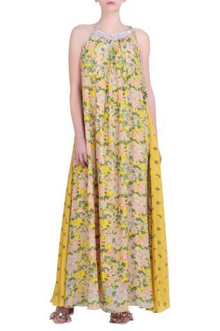 Yellow Crepe Bibi Jaal Printed Halter Maxi Dress