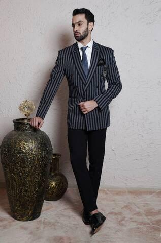 Blue Terry Wool Striped Blazer And Pant Set