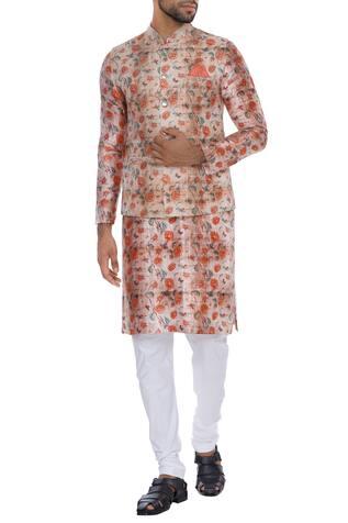 Multi Color Rose Printed Kurta With Nehru Jacket And Churidar