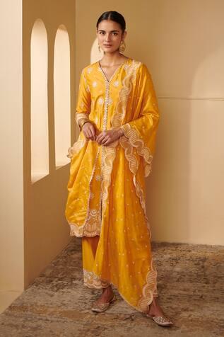 Yellow Pure Mulmul Periyar Embroidered Kurta And Pant Set