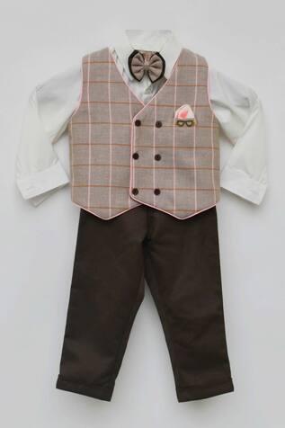 Brown Checkered Waistcoat And Pant Set For Boys