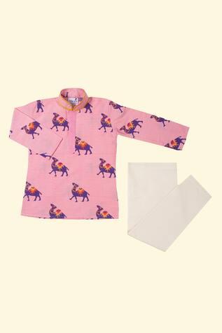 Pink Camel Hand Block Print Kurta And Pant Set For Boys