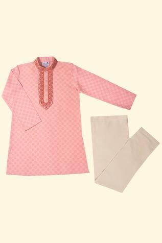 Pink Geometric Hand Block Print Kurta And Pant Set For Boys