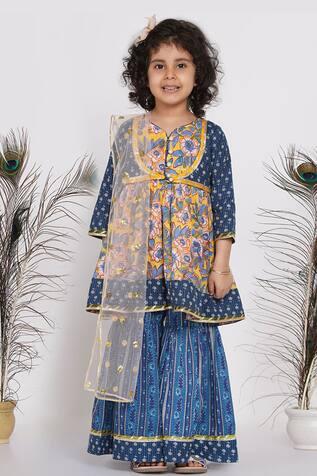 Blue Floral Print Kurta Sharara Set For Girls