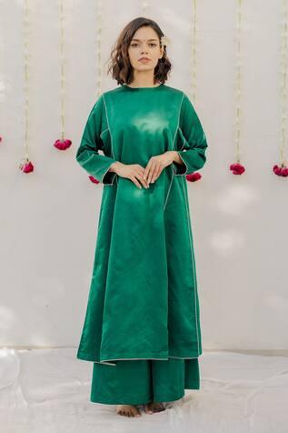 Green Satin Silk Brocade Kurta And Sharara Set
