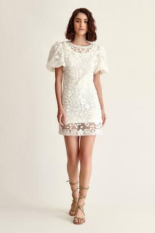 White Net Myra Floral Applique Dress