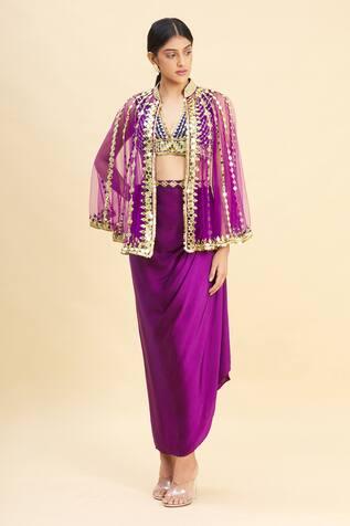 Purple Satin Embroidered Cape And Draped Skirt Set