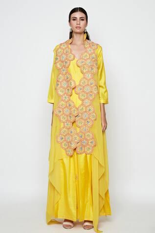 Yellow Silk Dress With Embroidered Cape